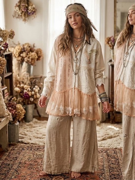 Taylor G dallas Texas Tops - Vintage Taylor Cream and Peach Layered Lace Button-Down Top